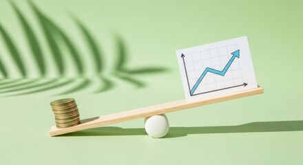 A seesaw balancing coins and a graph on a green background with leaf shadows in the upper left corner