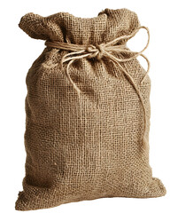 Rustic burlap sack filled and tied with twine against a plain background