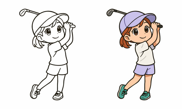 Cute girl playing golf coloring page for kids