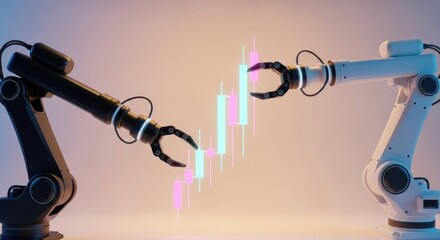 Two robotic arms manipulating a digital candlestick chart in a futuristic trading environment scene