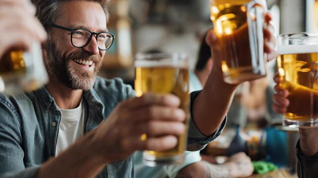 Friends drink beer in local pub restaurant and cheer. Joyful mood and event celebration