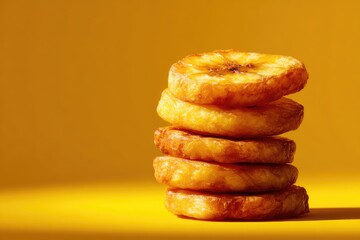 Crispy banana slices stacked high against a bright background.