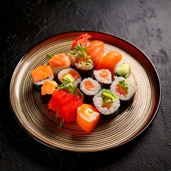 Sushi maki beautifully arranged on plate, featuring fresh ingredients and vibrant colors