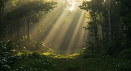 Fototapeta premium Peaceful jungle landscape bathed in morning light, sunbeams filtering through leaves and branches, rich green foliage, soft mist in the background, serene and cinematic