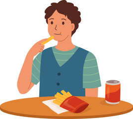 Boy Eating French Fries and Soda

