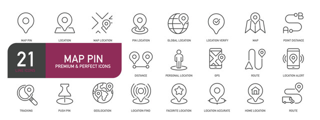 Set of line icons related to map pin, location, GPS. Outline icons collection. Editable stroke. Vector illustration