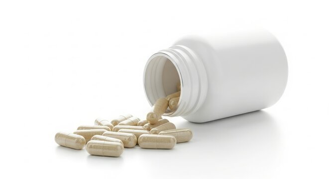 A white bottle spills beige capsules on a white background, suggesting dietary supplements.