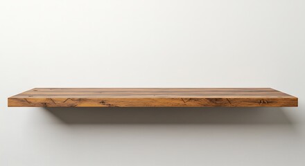 Empty brown wood plank board shelf on white wall background