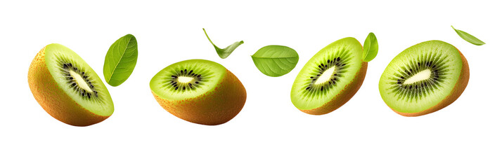 Vibrant kiwi fruit halves with fresh green leaves against a stark black background