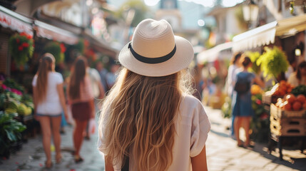  Young woman with long hair wearing a hat in a busy city market shopping for produce