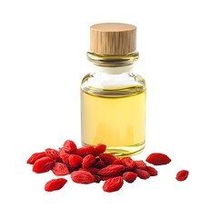 Natural goji berry oil elixir in a glass bottle, product photography on black background