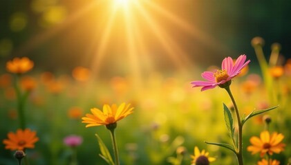 Fototapeta premium Golden sunbeams drench vibrant wildflowers, soft focus background , spring, beauty, peaceful