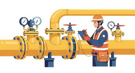 A worker inspects yellow pipes with gauges and valves, taking notes for maintenance.
