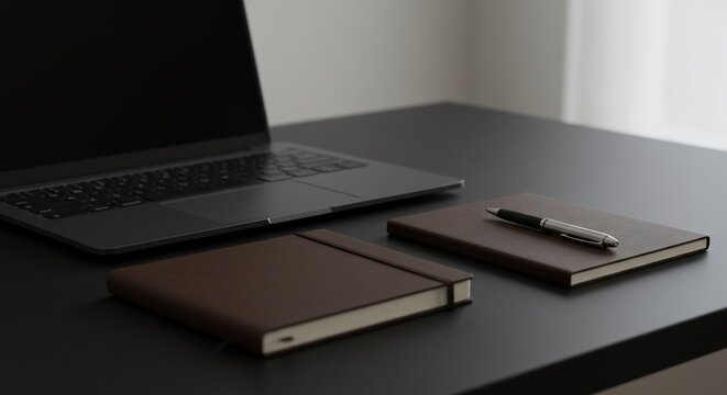 Workspace Essentials: A modern workspace, featuring a laptop and a few notebooks, sets the stage for productivity and focus. A sophisticated pen rests gracefully on one of the notebooks.