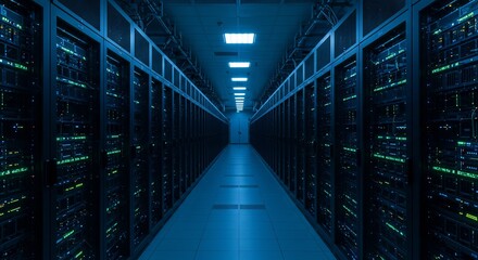 Data Fortress: An immersive perspective showcases a vast server room, meticulously organized and humming with digital activity, representing the heart of modern information technology.
