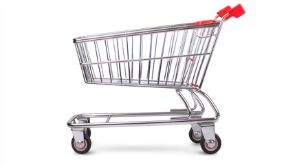 A metallic shopping cart with red handles and black wheels on a white background.