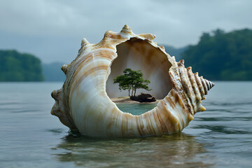 a large shell with a tree in it