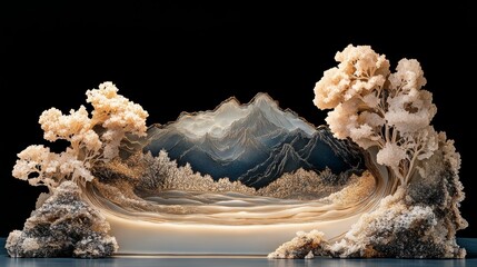 A whimsical, surreal landscape of the Pyrenees, intricately crafted from inlaid and blown glass