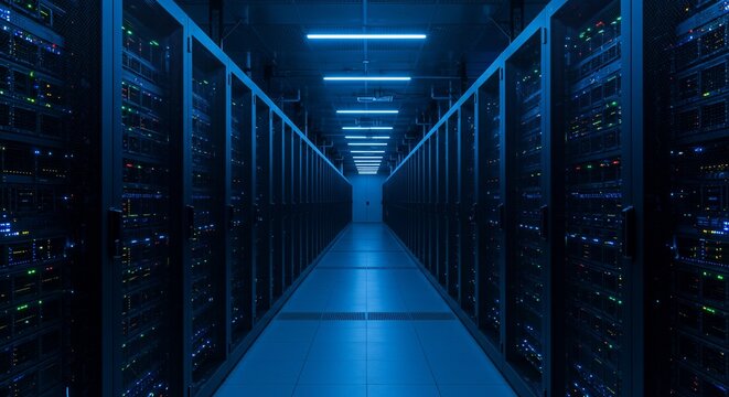 Digital Nexus: An ethereal perspective through a modern server room, highlighting rows of advanced servers and equipment. The scene is bathed in cool blue light. - Powered by Adobe