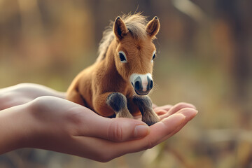 a small horse is sitting on a person's hand