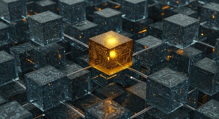 Blockchain Network Interconnection: A central golden cube radiates, symbolizing a core connection point in a complex grid of interconnected transparent block.