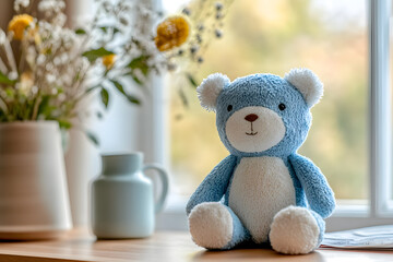 a blue teddy bear sitting on a table next to a vase of flowers