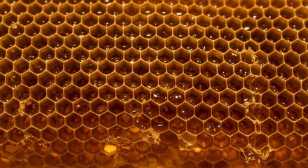 Honey's Golden Grid: A close-up view of honeycomb, showcasing the intricate hexagonal cells filled with glistening honey, presenting a display of nature's architecture and sweet reward.