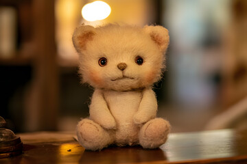 a teddy bear sitting on a table with a light on