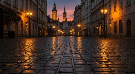 Naklejka premium Prague Cobblestone Street at Dusk: The enchanting charm of Prague unfolds at twilight, with a historic cobblestone street leading towards a silhouette of ancient buildings.
