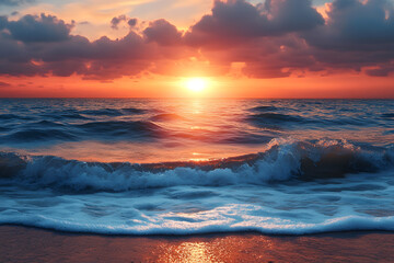 a sunset over the ocean with waves coming in