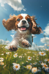 King Charles Spaniel puppy joyfully jumping over daisies in a vibrant spring scene