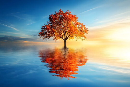 a tree is reflected in the water at sunset