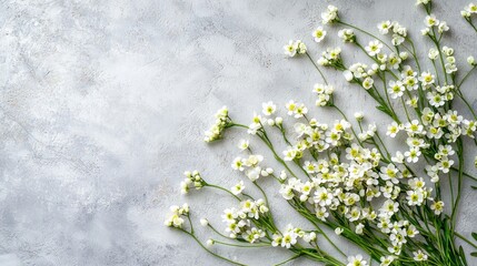 A white and gray stone surface with scattered white flowers and green stems.