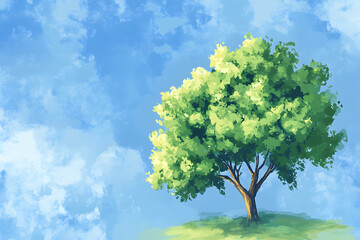 a tree with a green leafy tree on a grassy hill