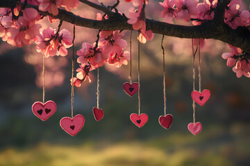 a tree with pink flowers and hearts hanging from it
