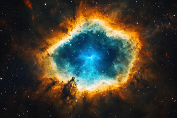 a planetary star is seen in the center of a nebula