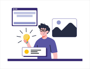 Inspired Young Man Holding Idea Bulb with Modern Graphics