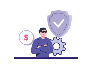 Smiling Man with Sunglasses Standing Near Shield and Gear Graphic
