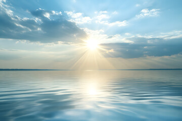 a boat is floating in the water with the sun shining through the clouds