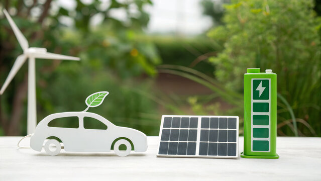 Renewable energy symbols with solar panel and battery highlight oil price impact. Oil price and renewable energy concept. economic effect, energy security, financial market connection.