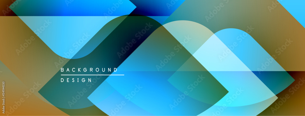 Poster Abstract geometric composition. Overlapping shapes create dynamic visual effect. Blue, gold hues dominate design. Modern, clean aesthetic.