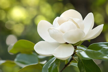 a white flower with green leaves on a tree