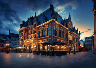  Historic red brick building under evening skies captured with a wide-angle lens