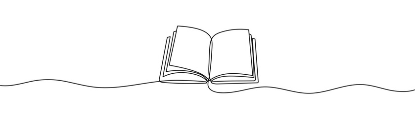 Continuous line drawing of open book. One line vector drawing of book and pen. Concept of education in one line vector. Background for world book day,international education day. Editable stroke