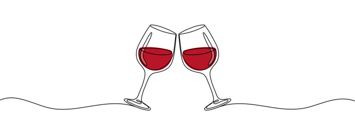 Continuous one line drawing of two glasses of red wine. Minimalist linear concept of celebrate and cheering. Editable stroke Vector illustration