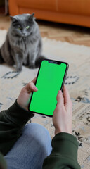 A person with a phone displaying a green screen with a cat background