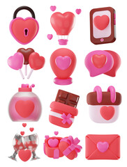 3D Love and Valentine Icon Set – Romantic Symbols with Heart, Gift, Chocolate, and Date Elements
