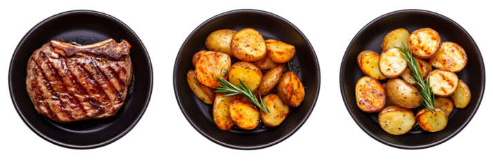 Elegant composition of a grilled steak and roasted potatoes against black backdrop