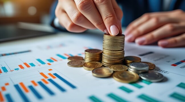 report financial hands stacking coins concept. Hands stacking coins on financial reports and graphs.