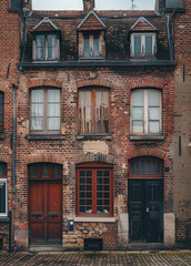  Old brick building facade with cobblestone street view